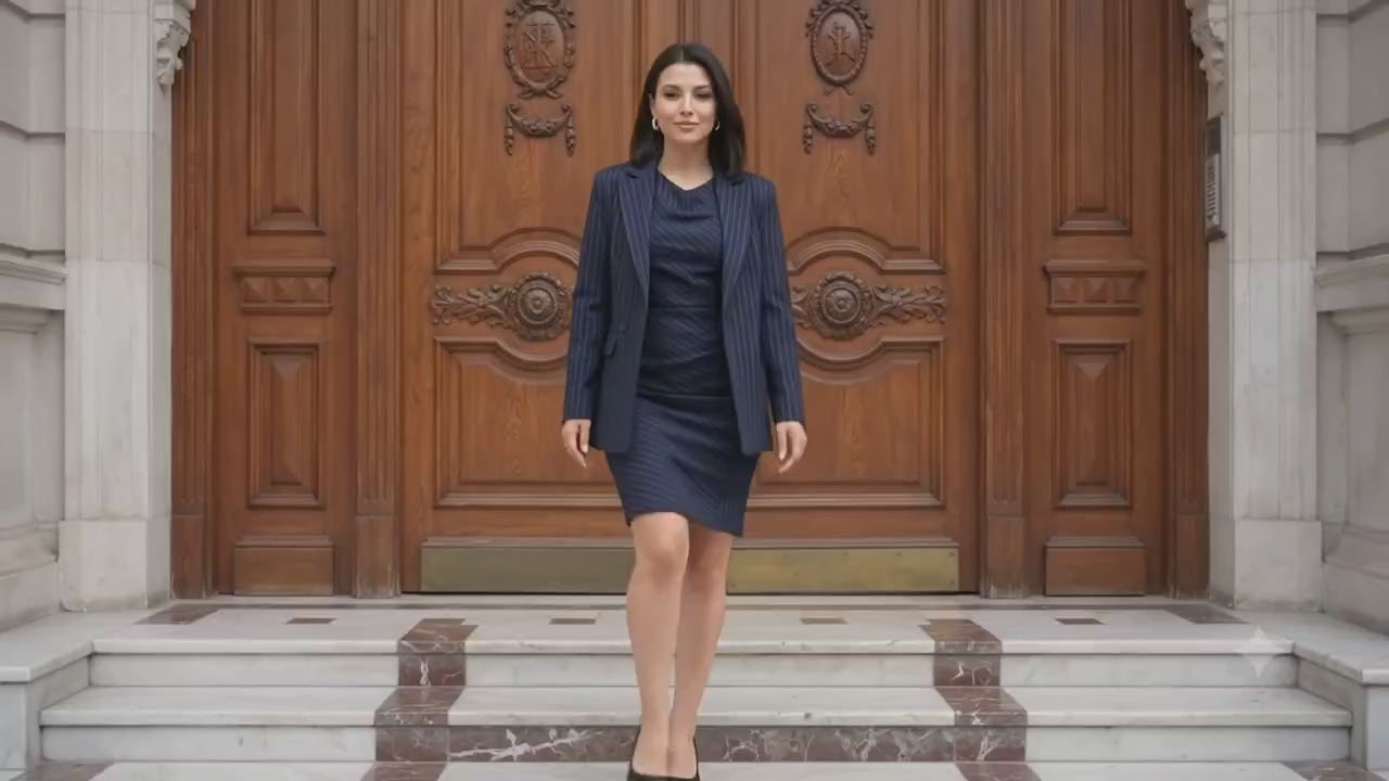 Navy Pinstripe Blazer & Ruched Midi Dress Set