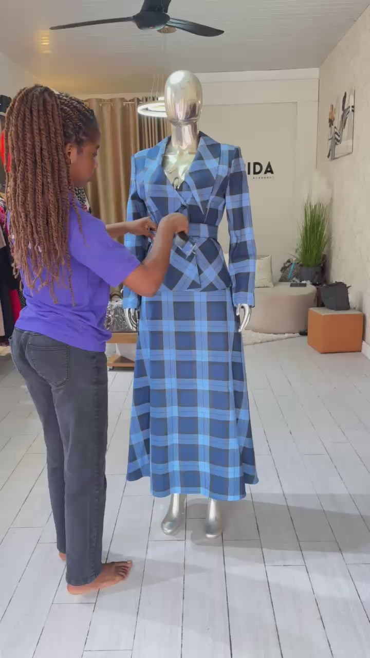 Blue Plaid Belted Co-ord Set