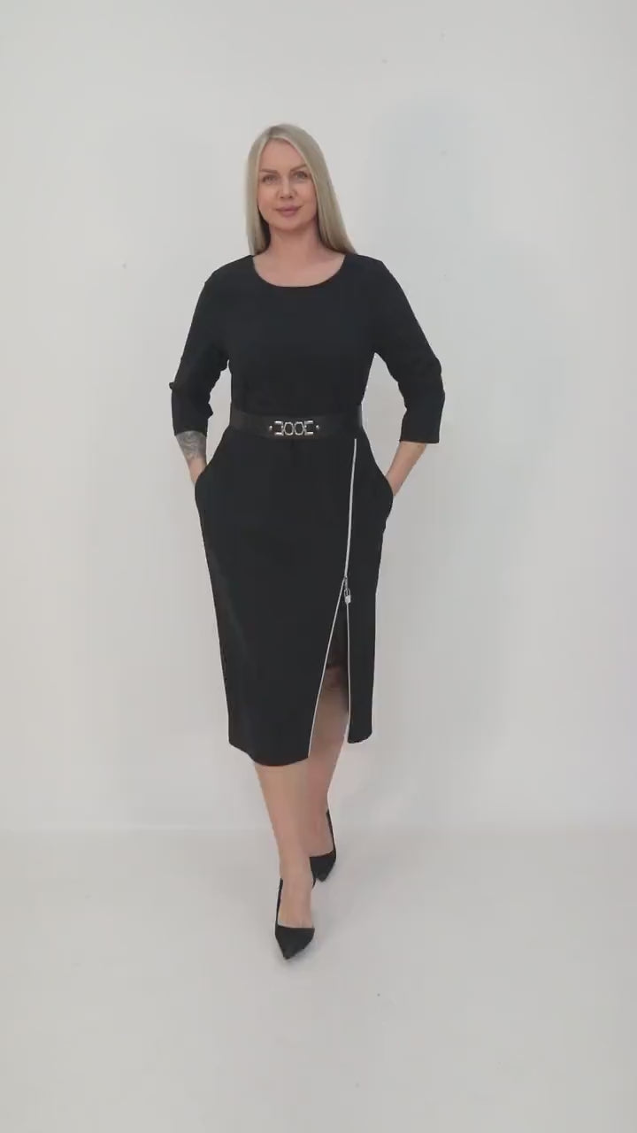 Zipper Detail Belted  Black Midi Dress
