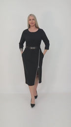 Zipper Detail Belted  Black Midi Dress