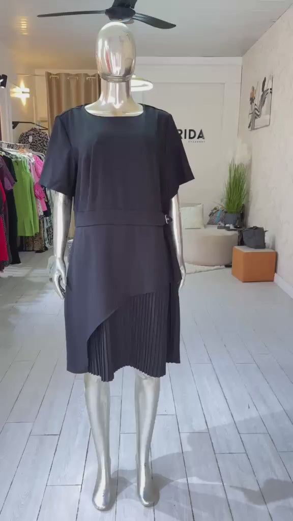 Black Pleated Buckle-Detail Dress