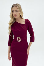 Burgundy Slim Fit Midi Dress with Belt Detail