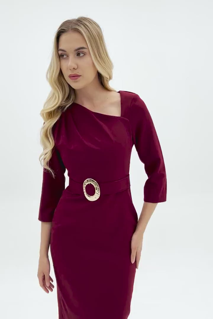 Burgundy Slim Fit Midi Dress with Belt Detail