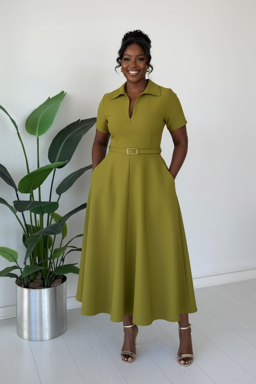Olive Green Zip-Front Belted A-Line Dress
