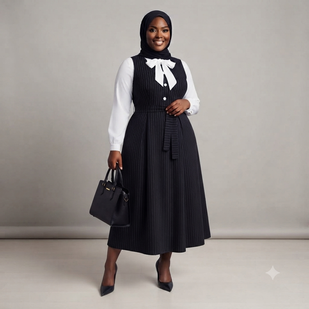 Black Pinstripe Belted Pinafore Dress & White Shirt Set