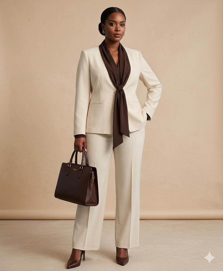Cream & Chocolate Contrast Suit with Built-In Shawl