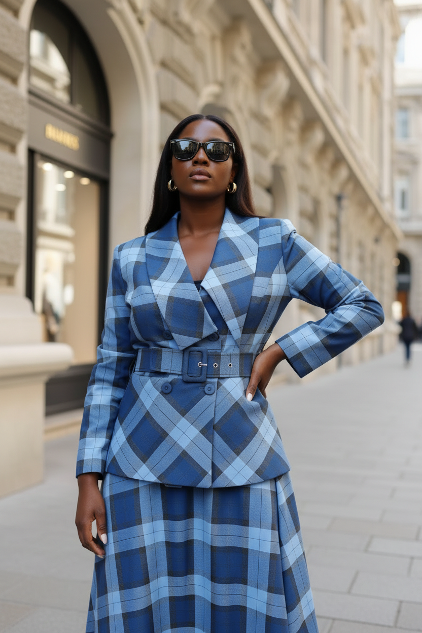Blue Plaid Belted Co-ord Set