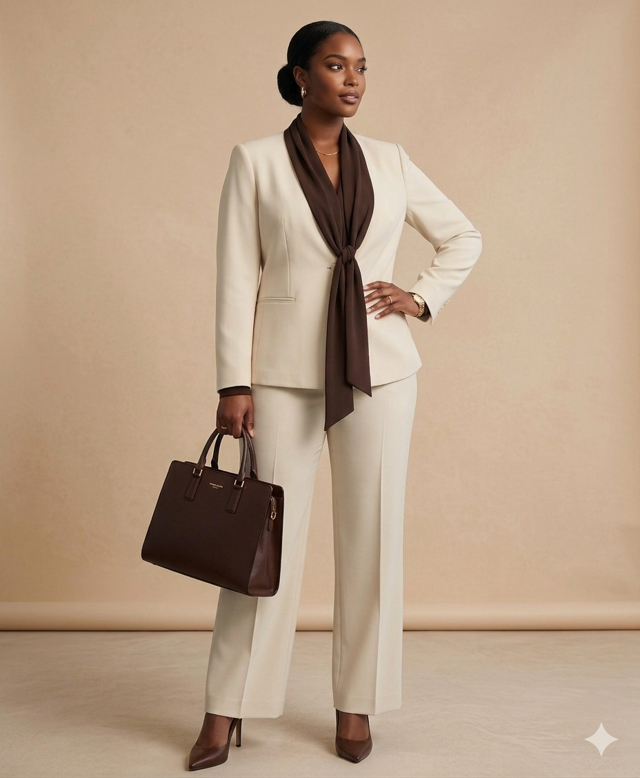 Cream & Chocolate Contrast Suit with Built-In Shawl