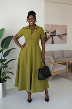 Olive Green Zip-Front Belted A-Line Dress