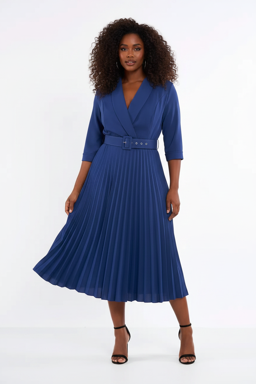 Navy Blue Flared Dress with Wrap Neck