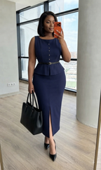 Navy Blue Peplum Midi Dress