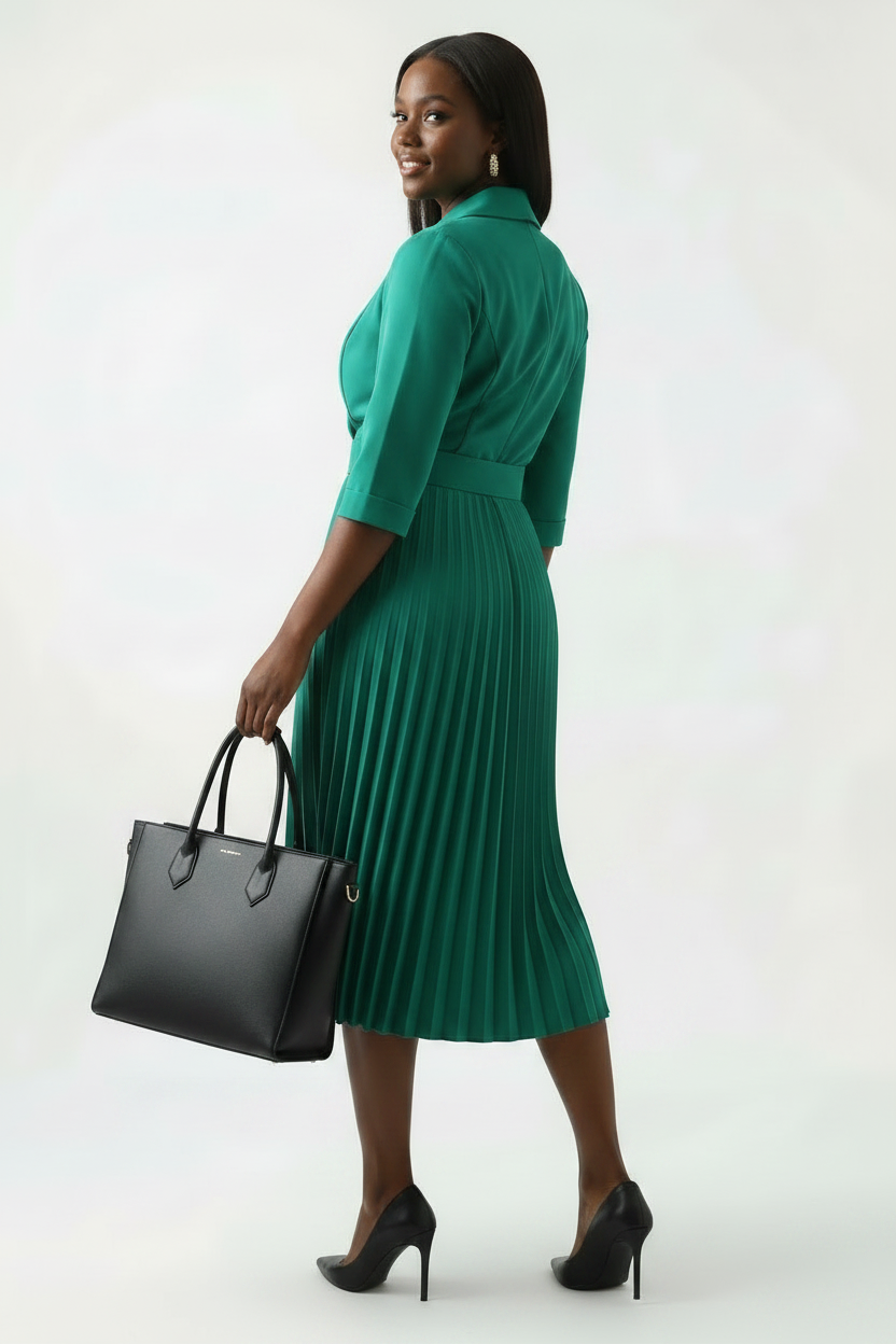 Emerald Green Belted Pleated Wrap Dress