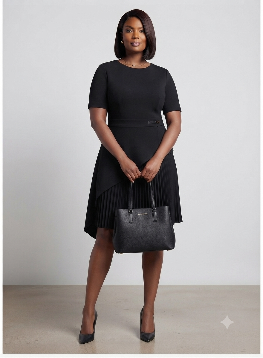 Black Pleated Buckle-Detail Dress