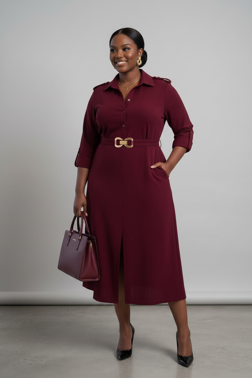 Burgundy Belted Shirt Dress
