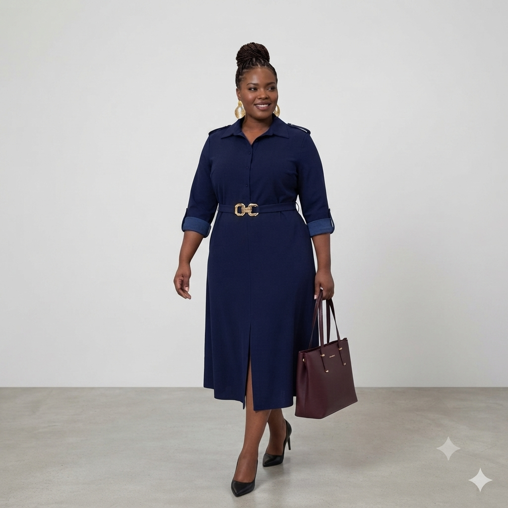 Navy Belted Shirt Dress