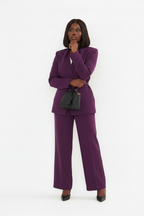 Plus Size Plum Collar Trimmed Suit With Belt