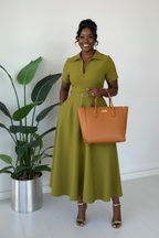 Olive Green Zip-Front Belted A-Line Dress