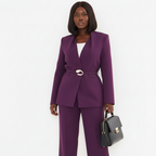 Plus Size Plum Collar Trimmed Suit With Belt
