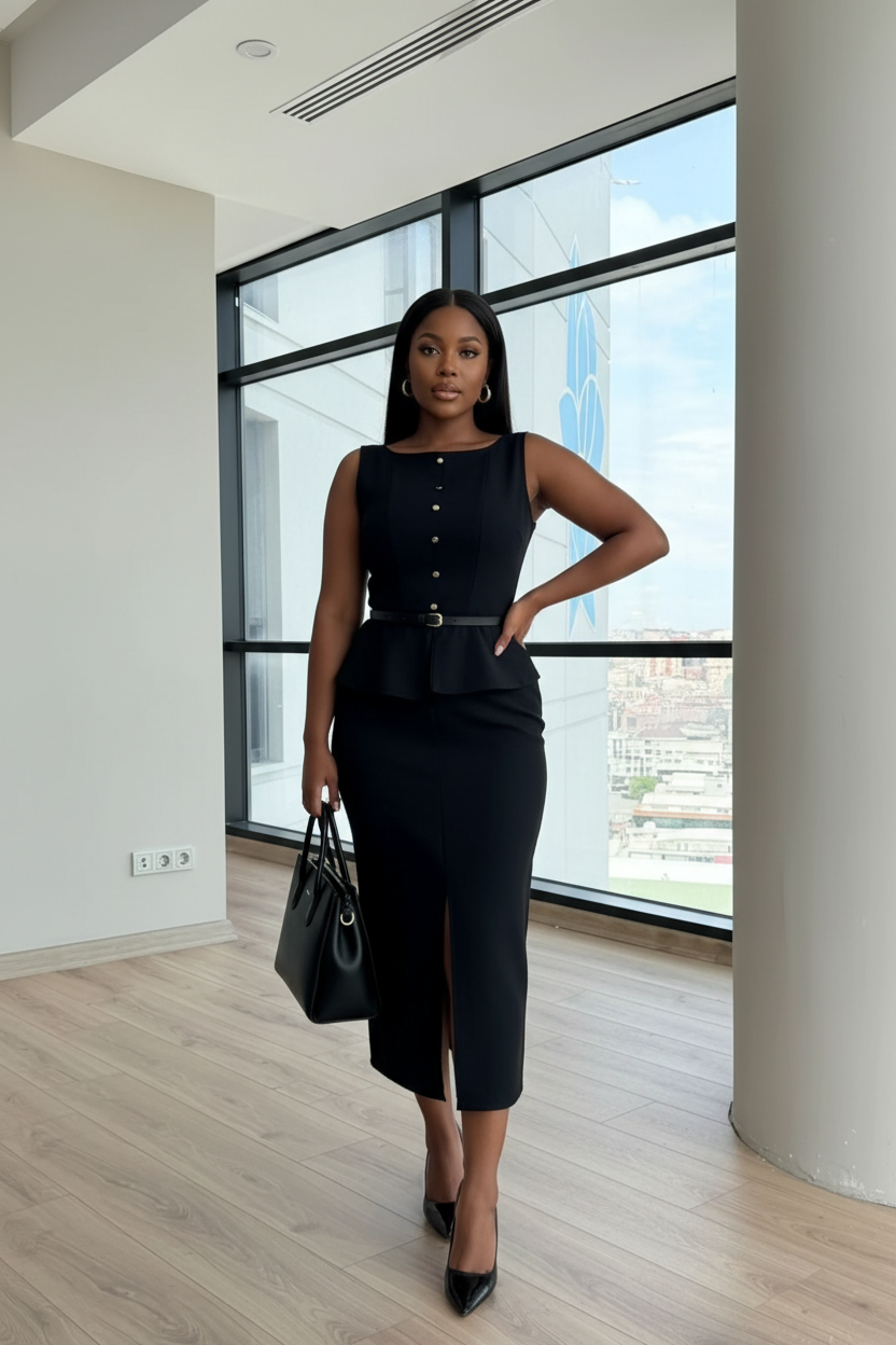 Black Peplum Midi Dress