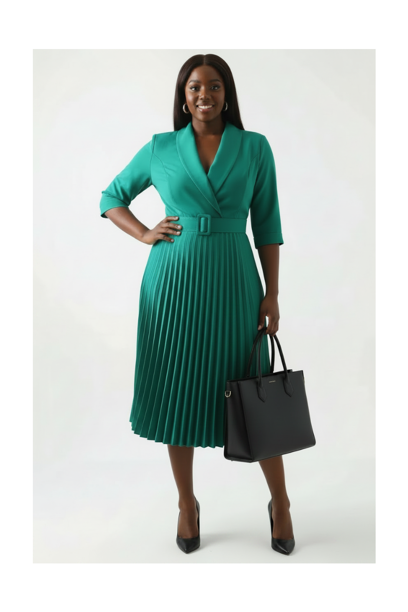 Emerald Green Belted Pleated Wrap Dress