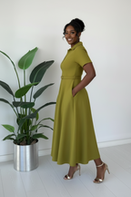 Olive Green Zip-Front Belted A-Line Dress