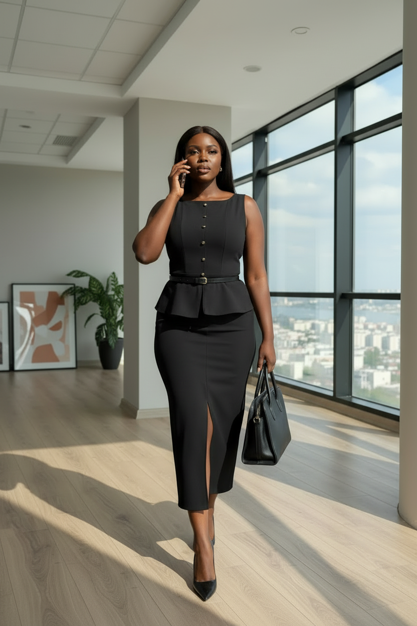 Black Peplum Midi Dress