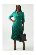 Emerald Green Belted Pleated Wrap Dress