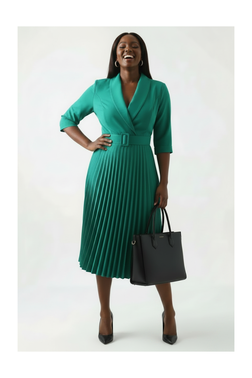 Emerald Green Belted Pleated Wrap Dress