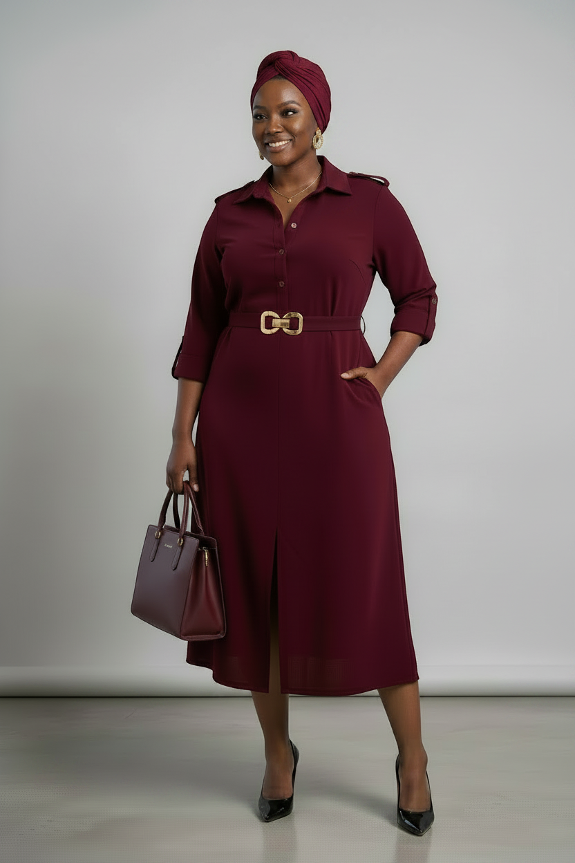 Burgundy Belted Shirt Dress