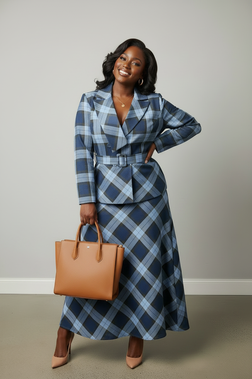 Blue Plaid Belted Co-ord Set
