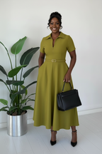 Olive Green Zip-Front Belted A-Line Dress