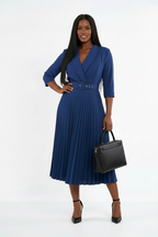 Navy Blue Flared Dress with Wrap Neck