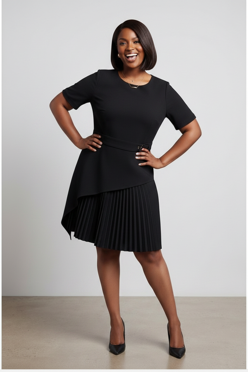 Black Pleated Buckle-Detail Dress