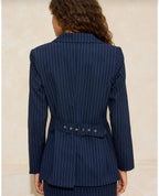 Navy Striped Women Blazer Jacket with Belt Detail