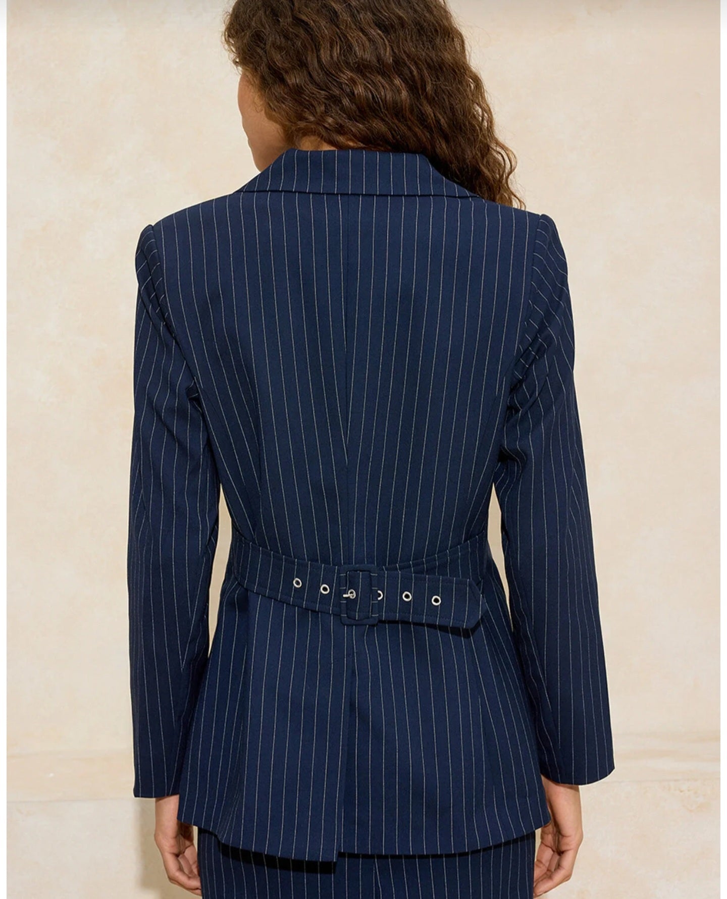 Navy Striped Women Blazer Jacket with Belt Detail