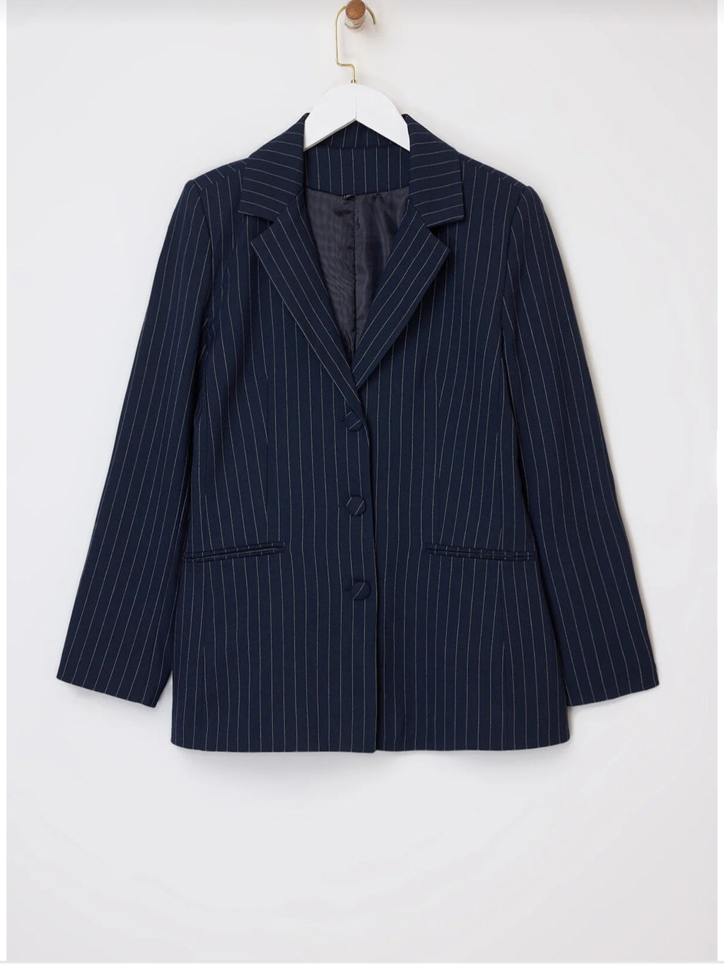 Navy Striped Women Blazer Jacket with Belt Detail