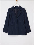 Navy Striped Women Blazer Jacket with Belt Detail