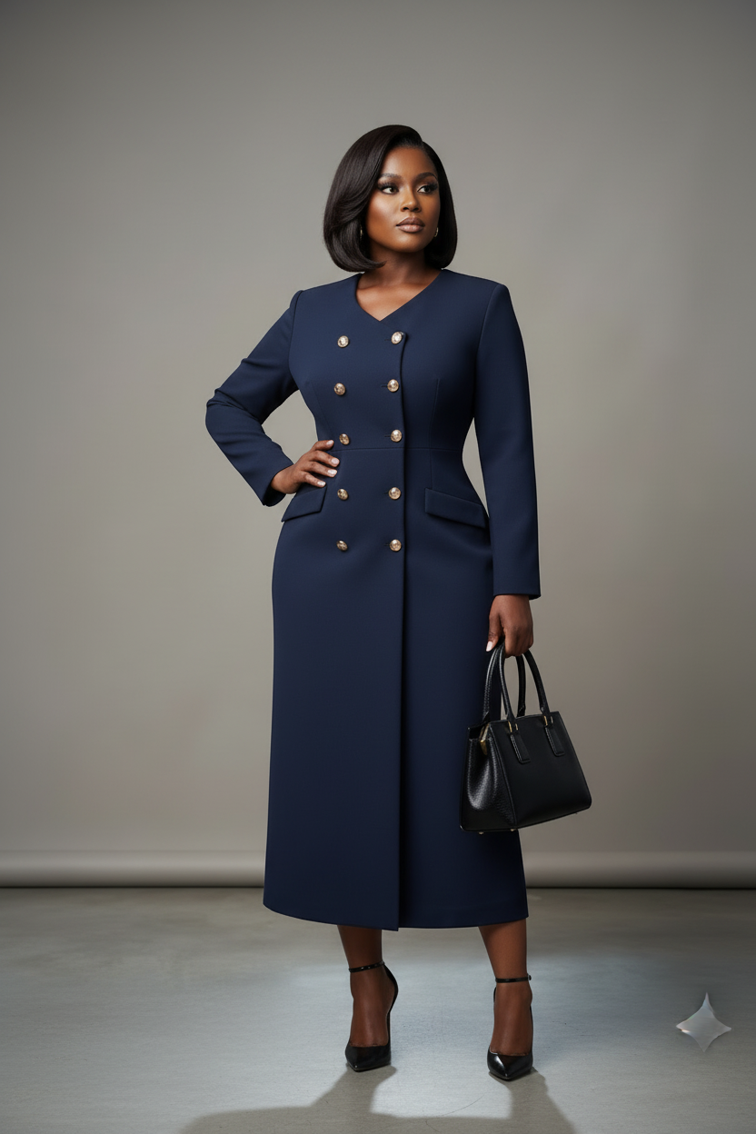 Navy Double-Breasted Midi Dress