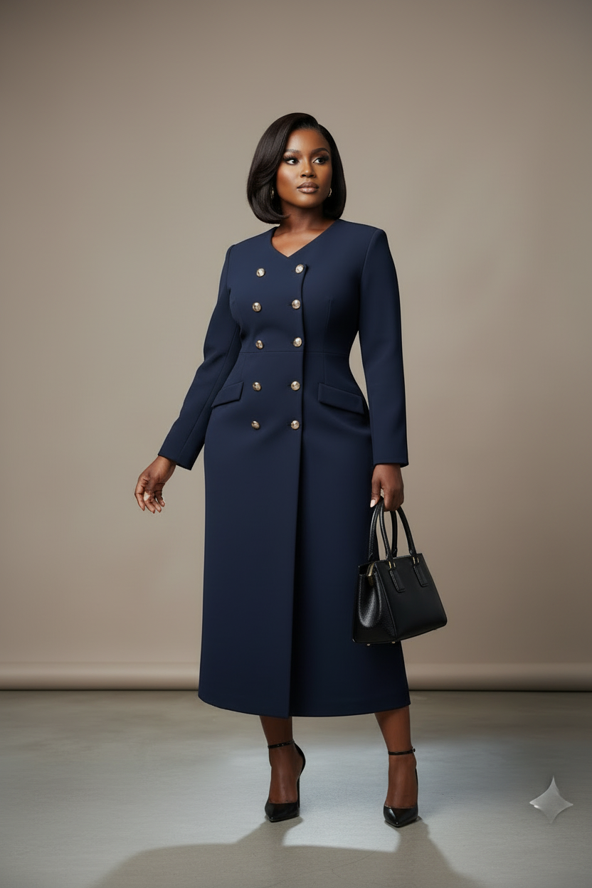 Navy Double-Breasted Midi Dress