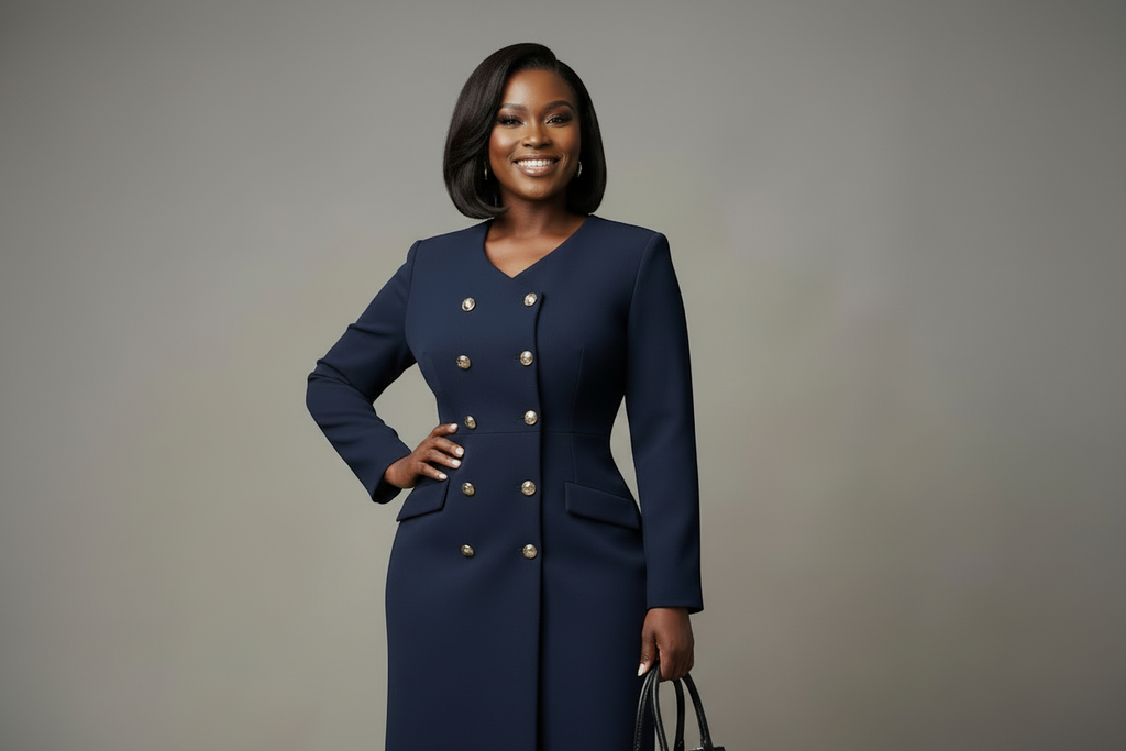 Navy Double-Breasted Midi Dress