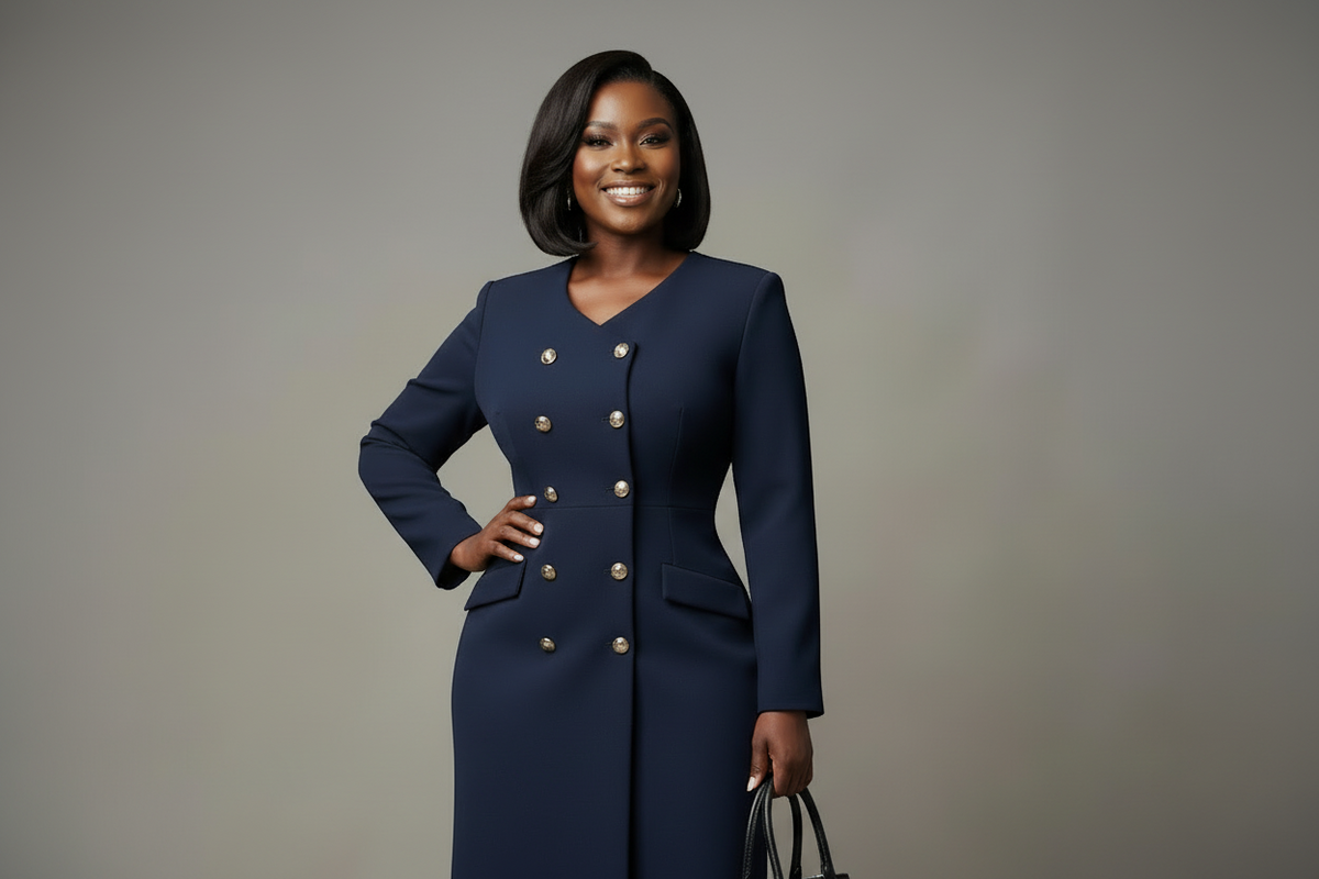 Navy Double-Breasted Midi Dress