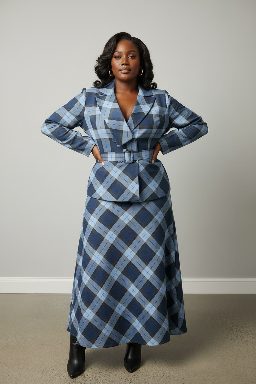 Blue Plaid Belted Co-ord Set