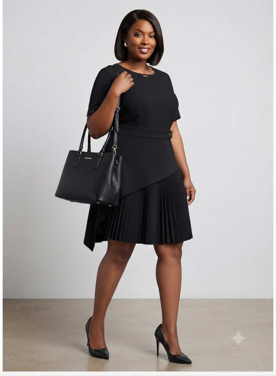 Black Pleated Buckle-Detail Dress
