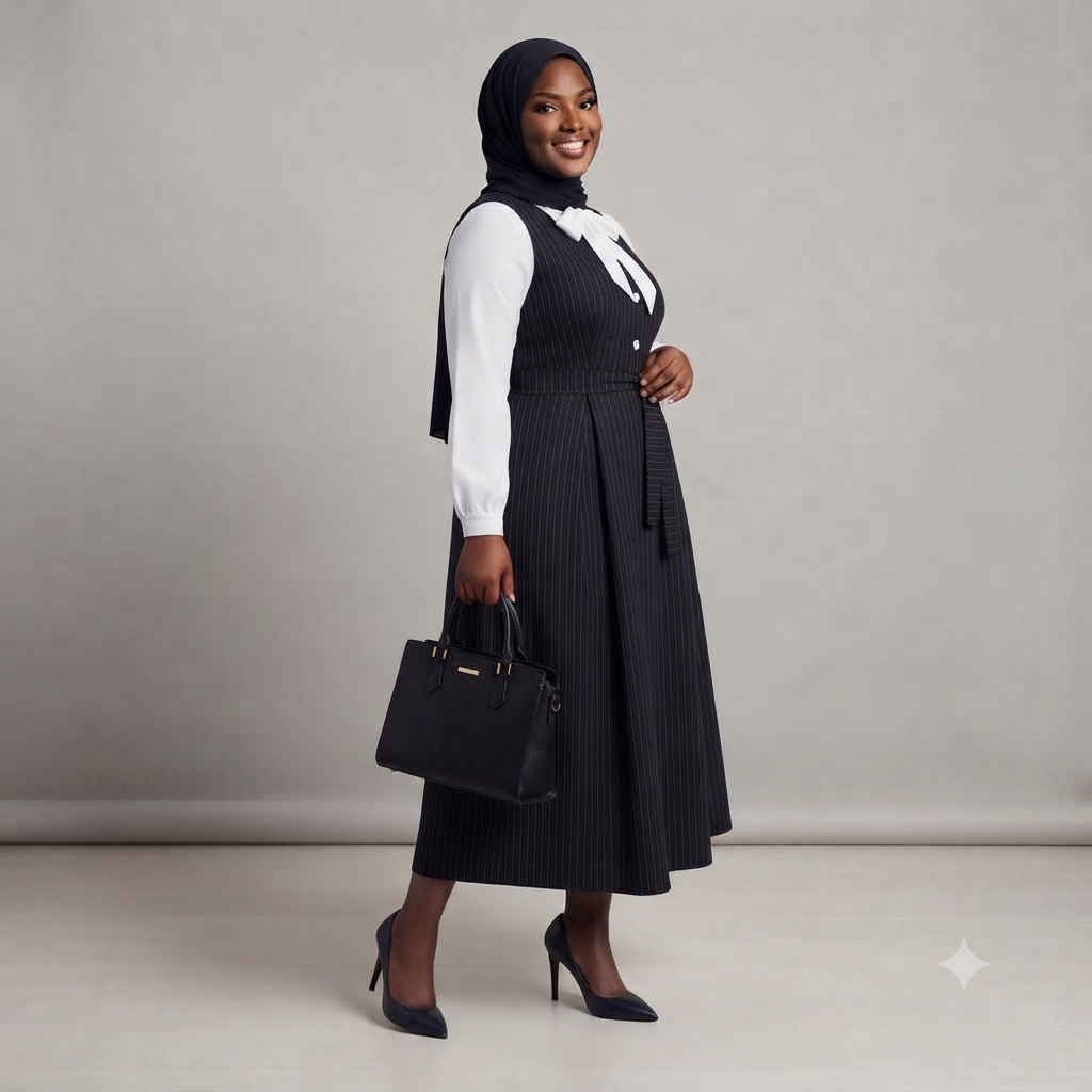 Black Pinstripe Belted Pinafore Dress & White Shirt Set