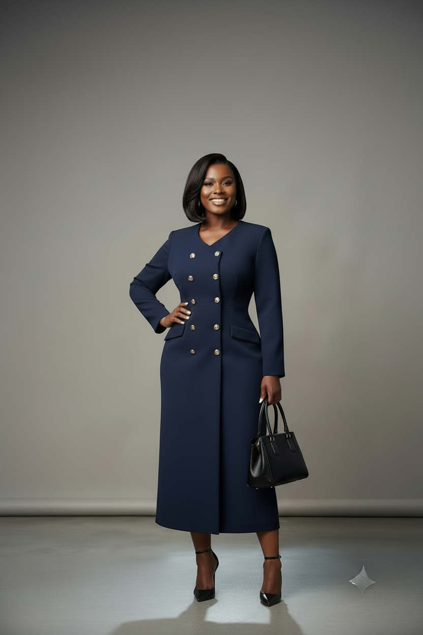 Navy Double-Breasted Midi Dress