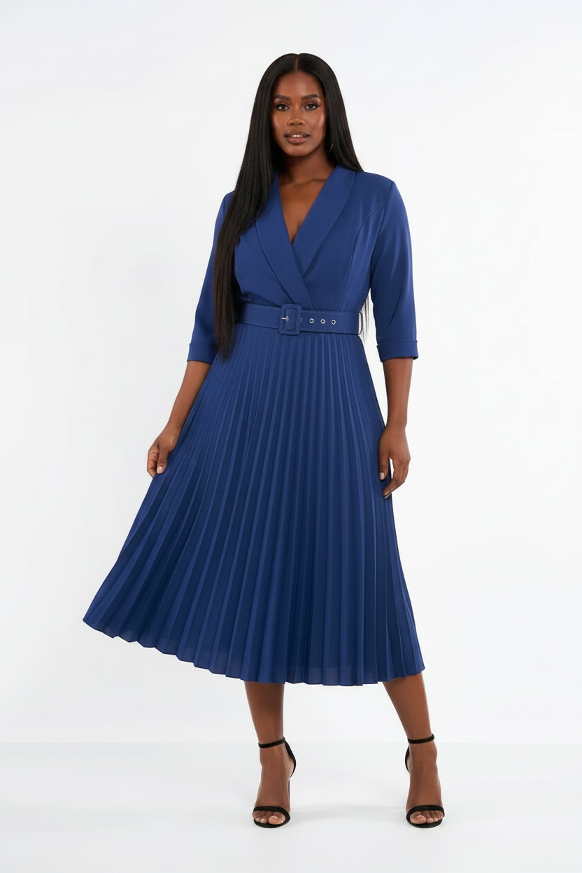 Navy Blue Flared Dress with Wrap Neck