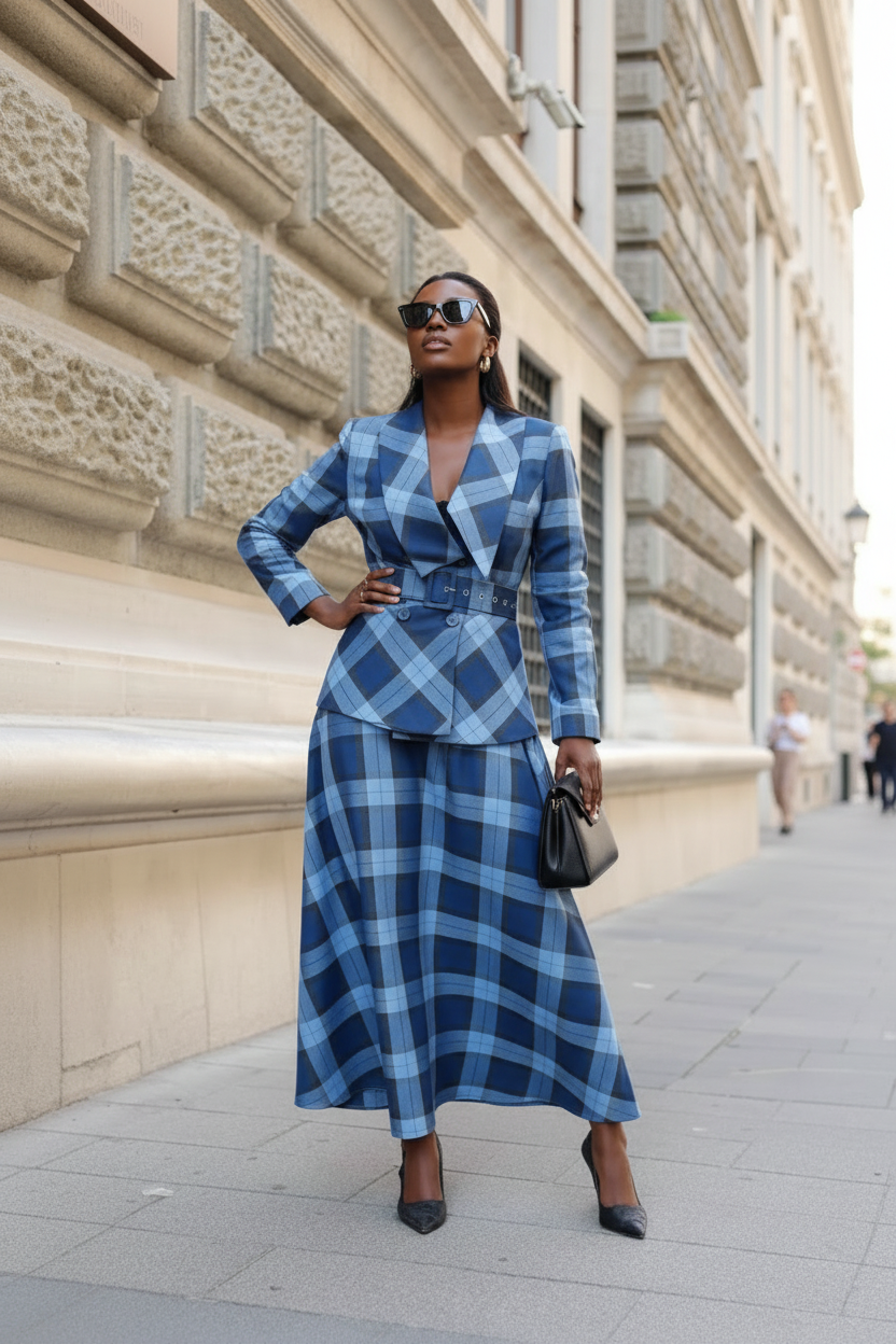 Blue Plaid Belted Co-ord Set