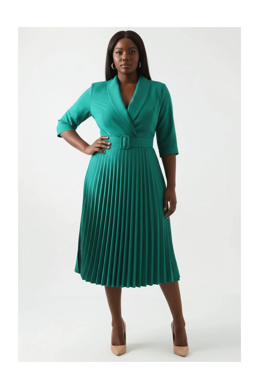 Emerald Green Belted Pleated Wrap Dress