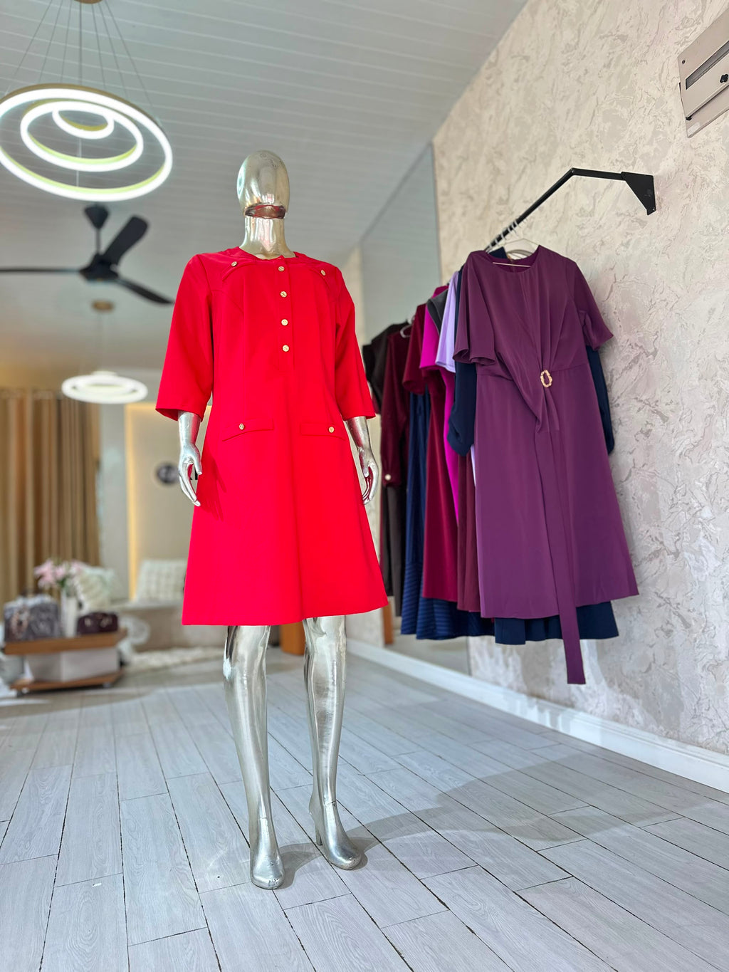 Red Gold-Button Midi Dress