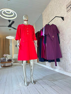 Red Gold-Button Midi Dress